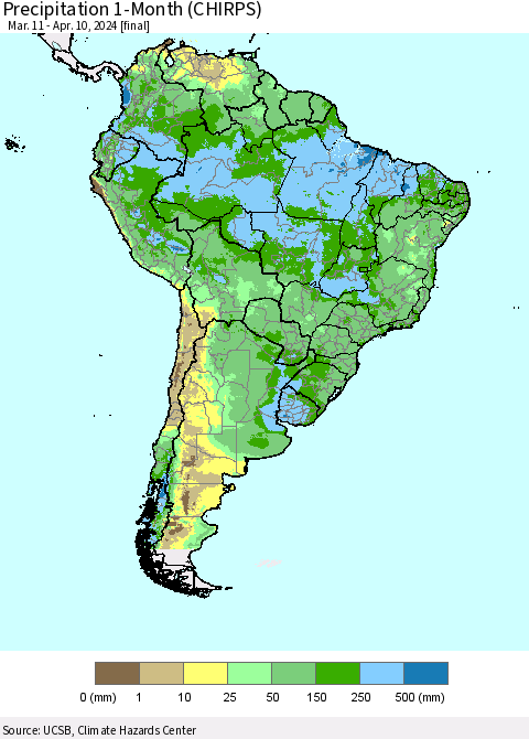South America Precipitation 1-Month (CHIRPS) Thematic Map For 3/11/2024 - 4/10/2024