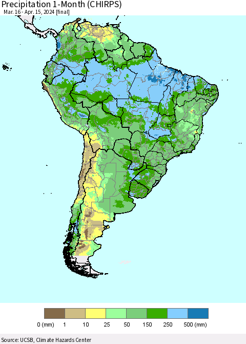 South America Precipitation 1-Month (CHIRPS) Thematic Map For 3/16/2024 - 4/15/2024