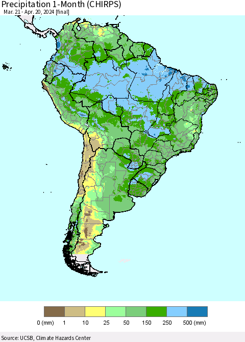 South America Precipitation 1-Month (CHIRPS) Thematic Map For 3/21/2024 - 4/20/2024