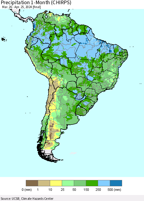 South America Precipitation 1-Month (CHIRPS) Thematic Map For 3/26/2024 - 4/25/2024
