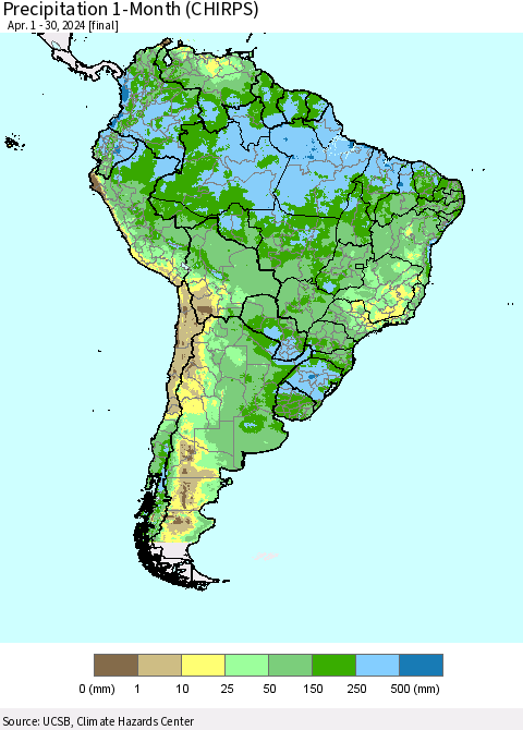 South America Precipitation 1-Month (CHIRPS) Thematic Map For 4/1/2024 - 4/30/2024