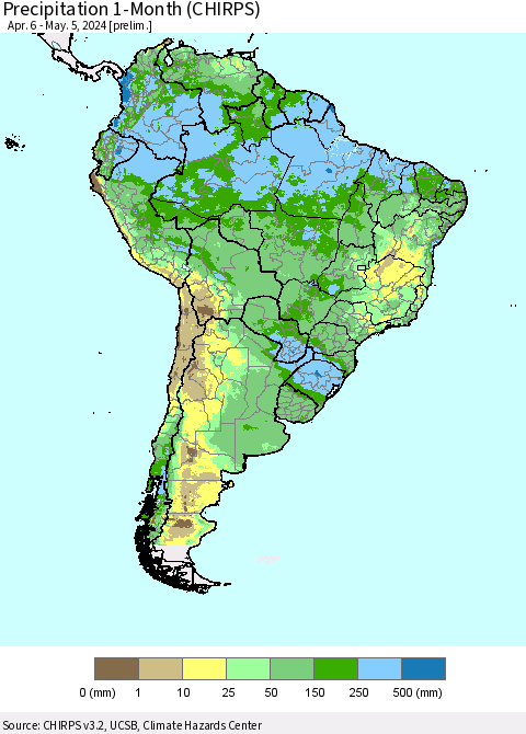 South America Precipitation 1-Month (CHIRPS) Thematic Map For 4/6/2024 - 5/5/2024