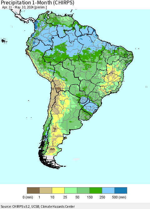 South America Precipitation 1-Month (CHIRPS) Thematic Map For 4/11/2024 - 5/10/2024