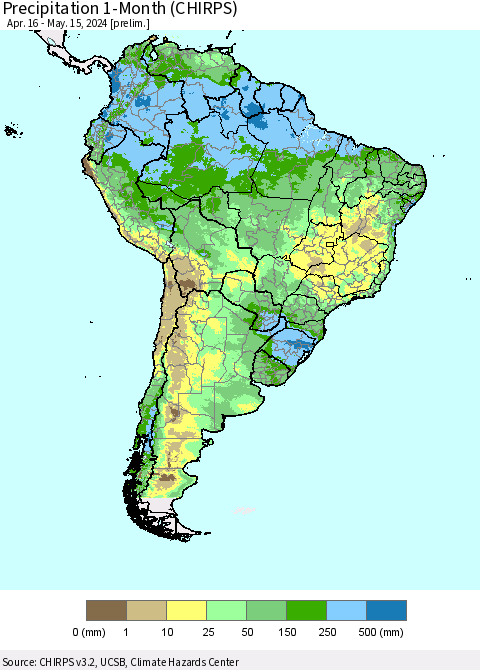 South America Precipitation 1-Month (CHIRPS) Thematic Map For 4/16/2024 - 5/15/2024
