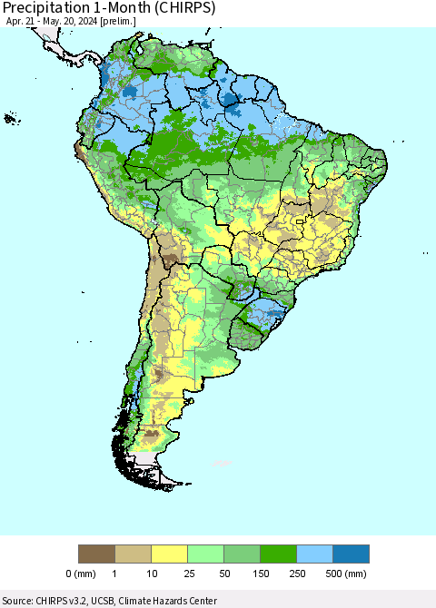 South America Precipitation 1-Month (CHIRPS) Thematic Map For 4/21/2024 - 5/20/2024