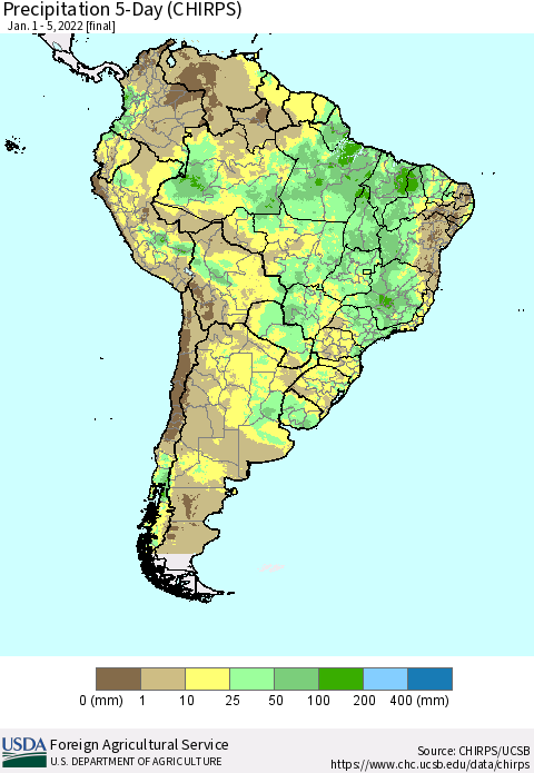 South America Precipitation 5-Day (CHIRPS) Thematic Map For 1/1/2022 - 1/5/2022
