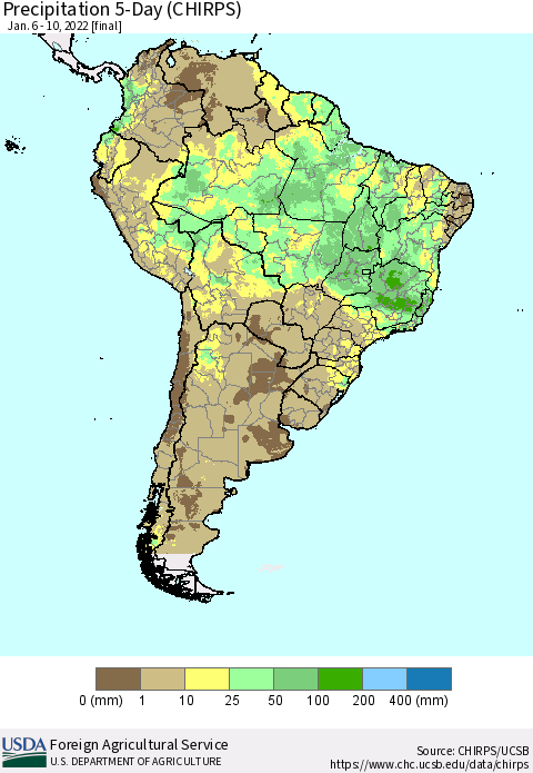 South America Precipitation 5-Day (CHIRPS) Thematic Map For 1/6/2022 - 1/10/2022