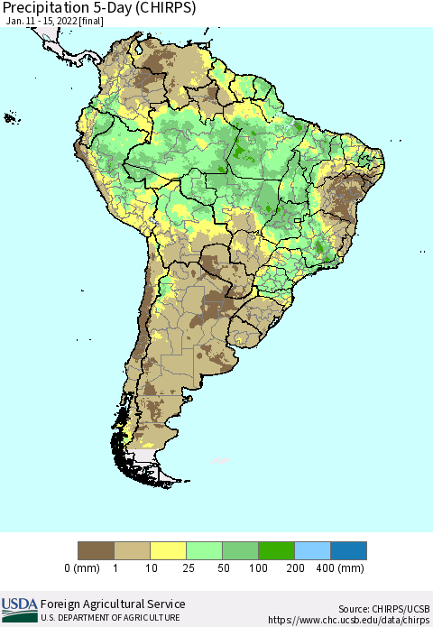 South America Precipitation 5-Day (CHIRPS) Thematic Map For 1/11/2022 - 1/15/2022