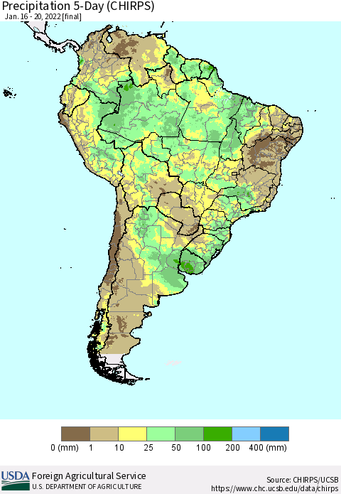 South America Precipitation 5-Day (CHIRPS) Thematic Map For 1/16/2022 - 1/20/2022