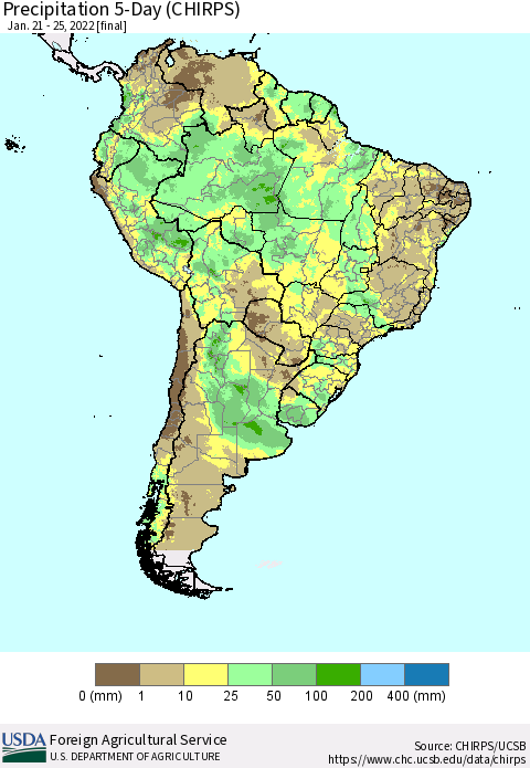 South America Precipitation 5-Day (CHIRPS) Thematic Map For 1/21/2022 - 1/25/2022
