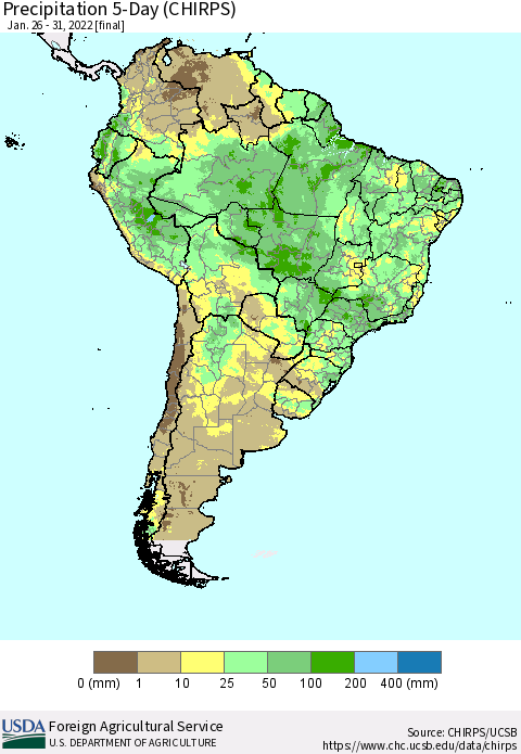 South America Precipitation 5-Day (CHIRPS) Thematic Map For 1/26/2022 - 1/31/2022