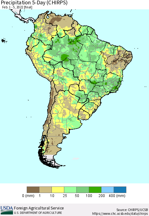 South America Precipitation 5-Day (CHIRPS) Thematic Map For 2/1/2022 - 2/5/2022