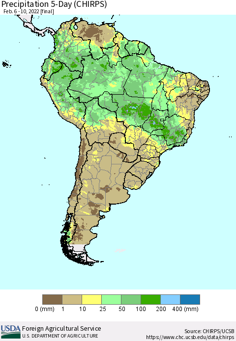 South America Precipitation 5-Day (CHIRPS) Thematic Map For 2/6/2022 - 2/10/2022