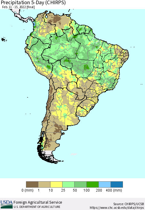 South America Precipitation 5-Day (CHIRPS) Thematic Map For 2/11/2022 - 2/15/2022