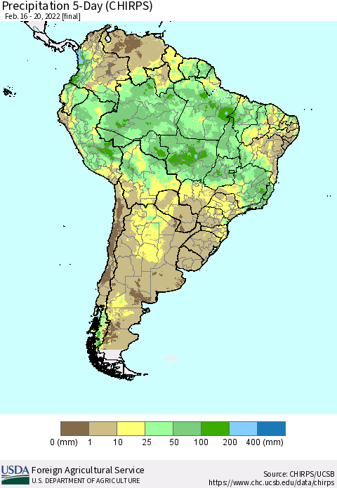 South America Precipitation 5-Day (CHIRPS) Thematic Map For 2/16/2022 - 2/20/2022