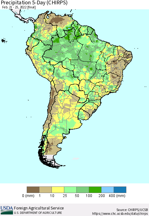 South America Precipitation 5-Day (CHIRPS) Thematic Map For 2/21/2022 - 2/25/2022