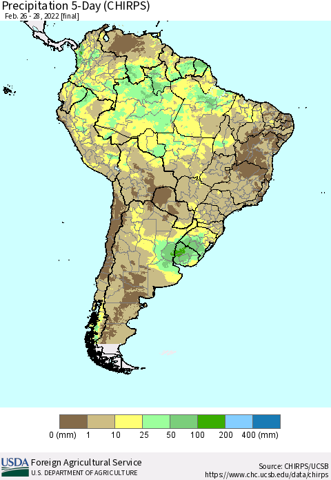 South America Precipitation 5-Day (CHIRPS) Thematic Map For 2/26/2022 - 2/28/2022