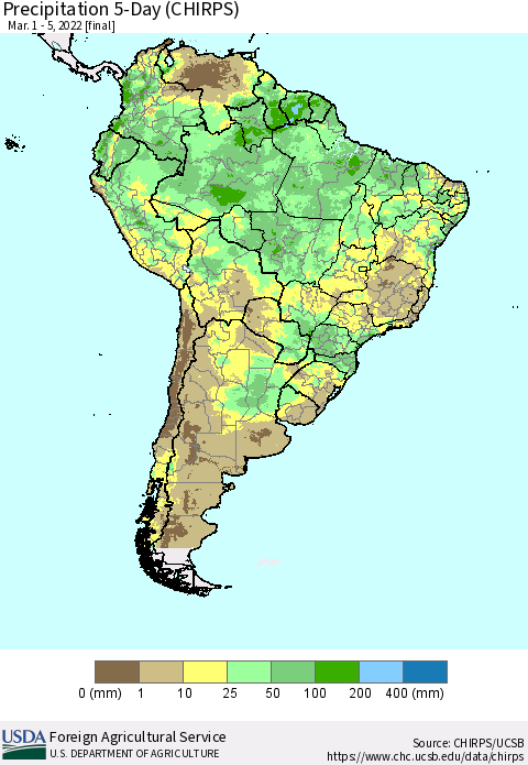 South America Precipitation 5-Day (CHIRPS) Thematic Map For 3/1/2022 - 3/5/2022