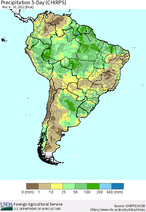 South America Precipitation 5-Day (CHIRPS) Thematic Map For 3/6/2022 - 3/10/2022
