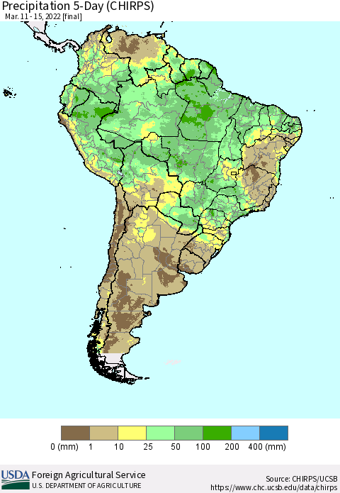 South America Precipitation 5-Day (CHIRPS) Thematic Map For 3/11/2022 - 3/15/2022