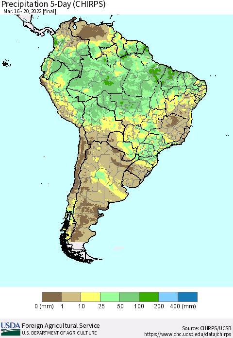 South America Precipitation 5-Day (CHIRPS) Thematic Map For 3/16/2022 - 3/20/2022