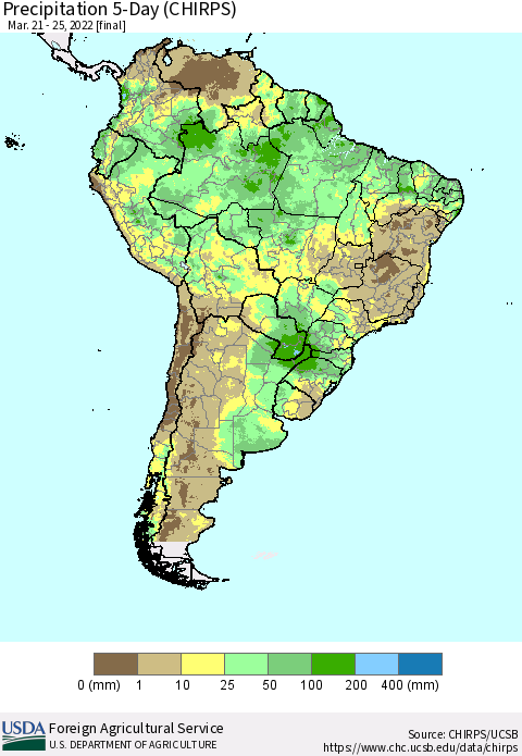 South America Precipitation 5-Day (CHIRPS) Thematic Map For 3/21/2022 - 3/25/2022