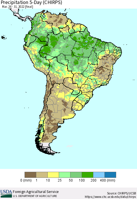South America Precipitation 5-Day (CHIRPS) Thematic Map For 3/26/2022 - 3/31/2022