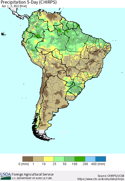 South America Precipitation 5-Day (CHIRPS) Thematic Map For 4/1/2022 - 4/5/2022