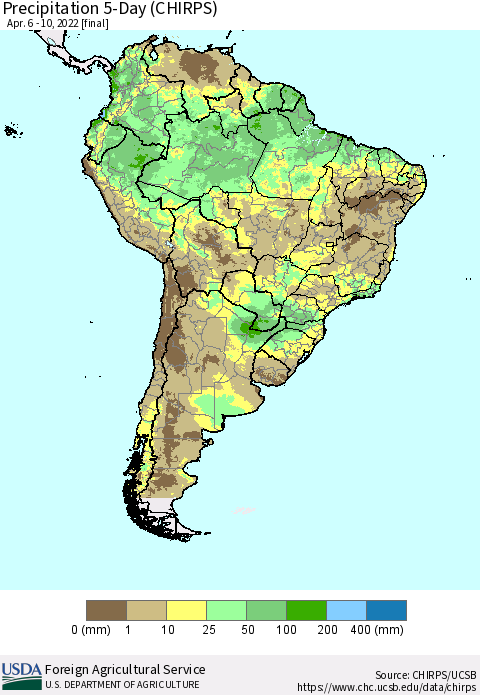 South America Precipitation 5-Day (CHIRPS) Thematic Map For 4/6/2022 - 4/10/2022