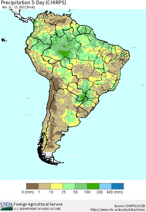 South America Precipitation 5-Day (CHIRPS) Thematic Map For 4/11/2022 - 4/15/2022