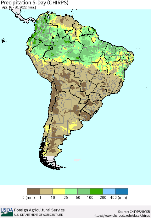 South America Precipitation 5-Day (CHIRPS) Thematic Map For 4/16/2022 - 4/20/2022