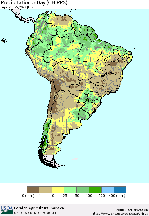 South America Precipitation 5-Day (CHIRPS) Thematic Map For 4/21/2022 - 4/25/2022