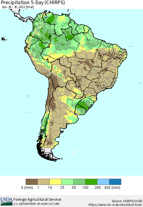 South America Precipitation 5-Day (CHIRPS) Thematic Map For 4/26/2022 - 4/30/2022