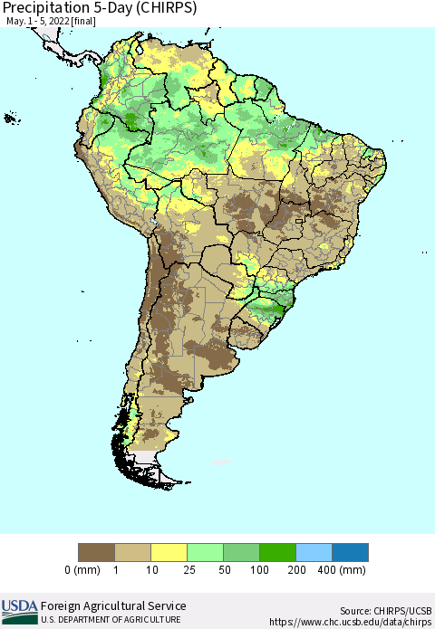 South America Precipitation 5-Day (CHIRPS) Thematic Map For 5/1/2022 - 5/5/2022