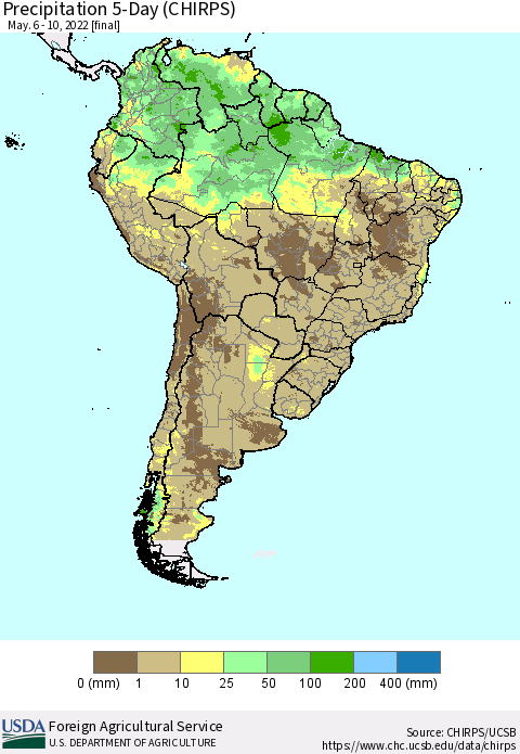 South America Precipitation 5-Day (CHIRPS) Thematic Map For 5/6/2022 - 5/10/2022