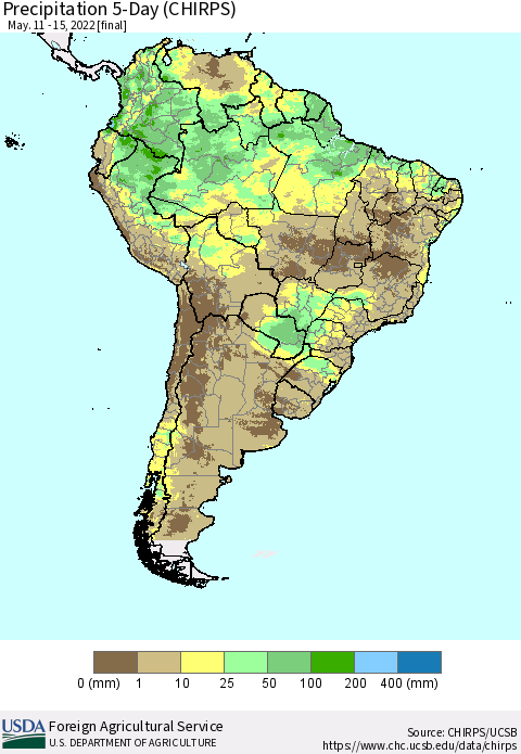 South America Precipitation 5-Day (CHIRPS) Thematic Map For 5/11/2022 - 5/15/2022