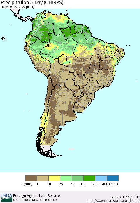 South America Precipitation 5-Day (CHIRPS) Thematic Map For 5/16/2022 - 5/20/2022