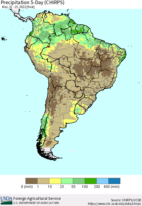 South America Precipitation 5-Day (CHIRPS) Thematic Map For 5/21/2022 - 5/25/2022