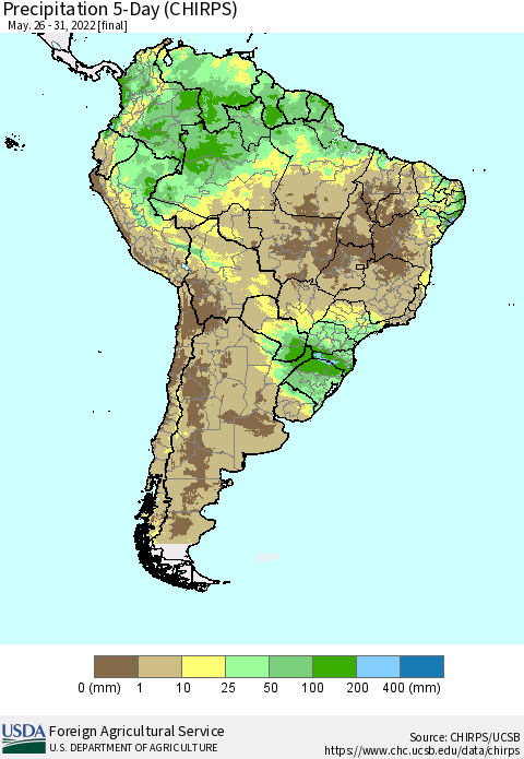 South America Precipitation 5-Day (CHIRPS) Thematic Map For 5/26/2022 - 5/31/2022