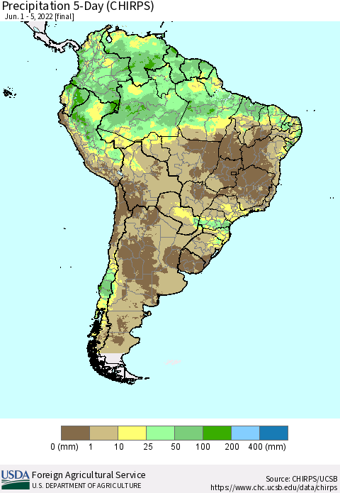 South America Precipitation 5-Day (CHIRPS) Thematic Map For 6/1/2022 - 6/5/2022