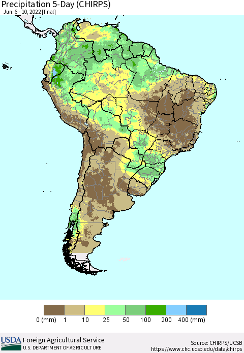 South America Precipitation 5-Day (CHIRPS) Thematic Map For 6/6/2022 - 6/10/2022