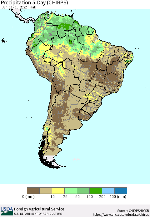South America Precipitation 5-Day (CHIRPS) Thematic Map For 6/11/2022 - 6/15/2022