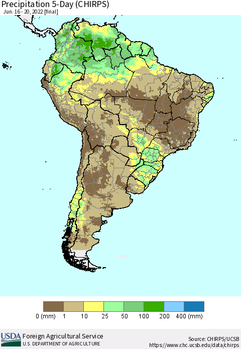 South America Precipitation 5-Day (CHIRPS) Thematic Map For 6/16/2022 - 6/20/2022