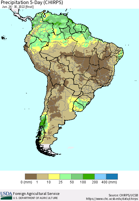 South America Precipitation 5-Day (CHIRPS) Thematic Map For 6/26/2022 - 6/30/2022