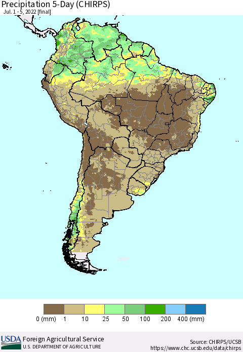 South America Precipitation 5-Day (CHIRPS) Thematic Map For 7/1/2022 - 7/5/2022