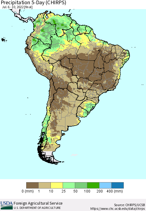 South America Precipitation 5-Day (CHIRPS) Thematic Map For 7/6/2022 - 7/10/2022