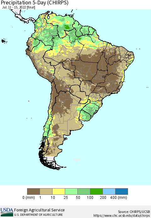 South America Precipitation 5-Day (CHIRPS) Thematic Map For 7/11/2022 - 7/15/2022