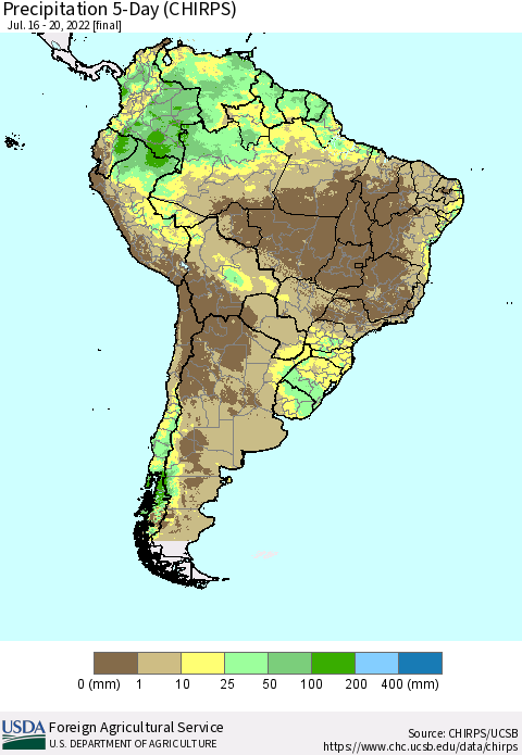 South America Precipitation 5-Day (CHIRPS) Thematic Map For 7/16/2022 - 7/20/2022