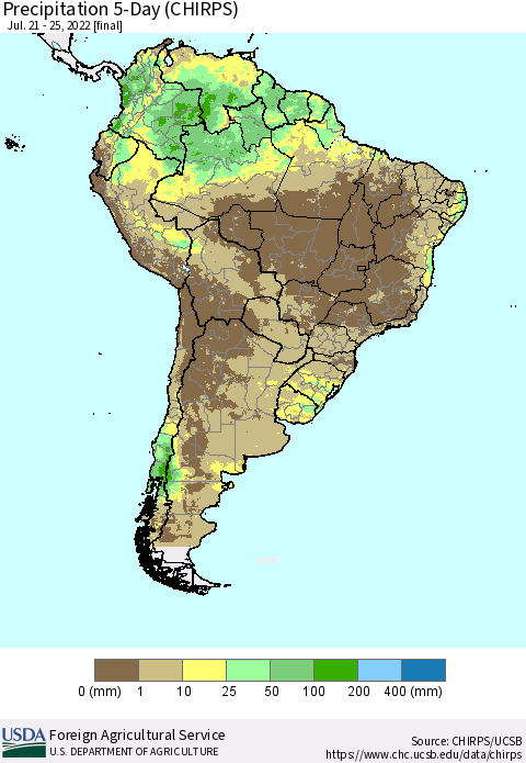 South America Precipitation 5-Day (CHIRPS) Thematic Map For 7/21/2022 - 7/25/2022