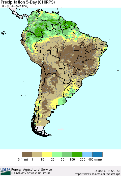 South America Precipitation 5-Day (CHIRPS) Thematic Map For 7/26/2022 - 7/31/2022